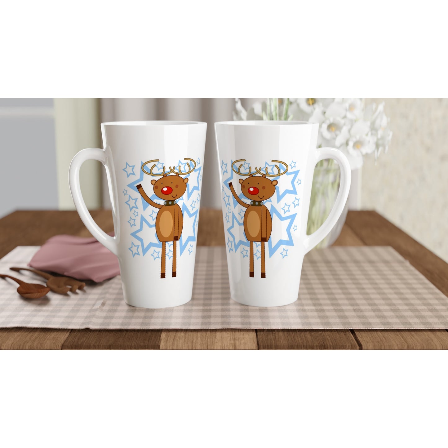 White Latte 17oz Ceramic Mug Rudolf waving-Stars - Cartoon