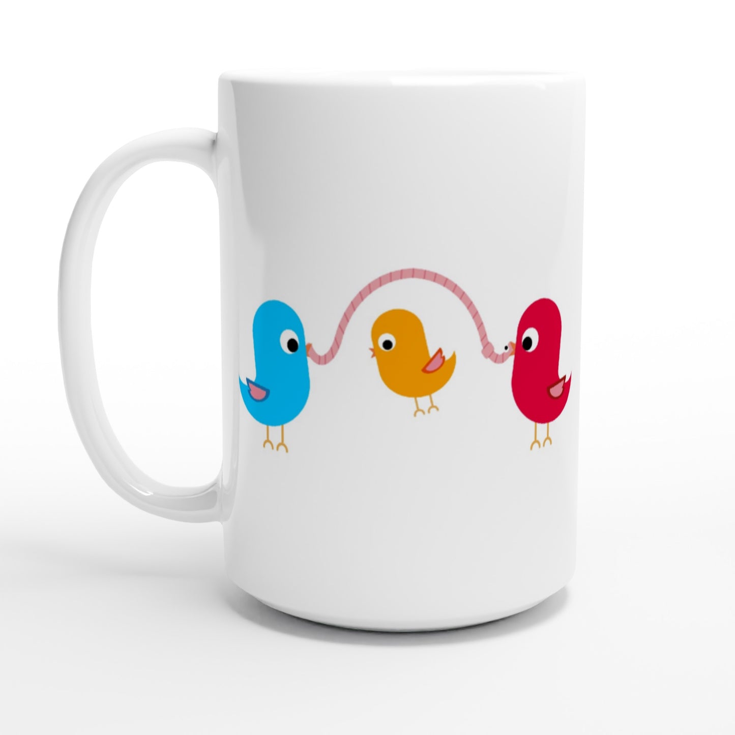 White 15oz Ceramic Mug - Birds Playing With Food