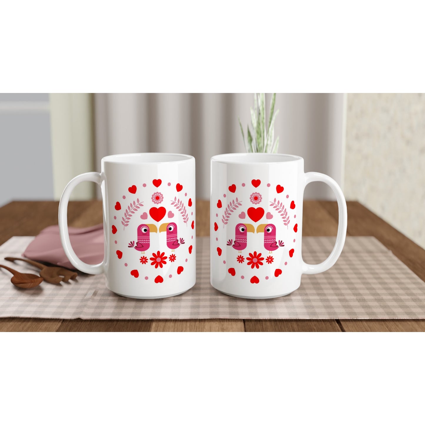 White 15oz Ceramic Mug - Birds Mirrored with Floral-Botanical and Circling Hearts - Valentine