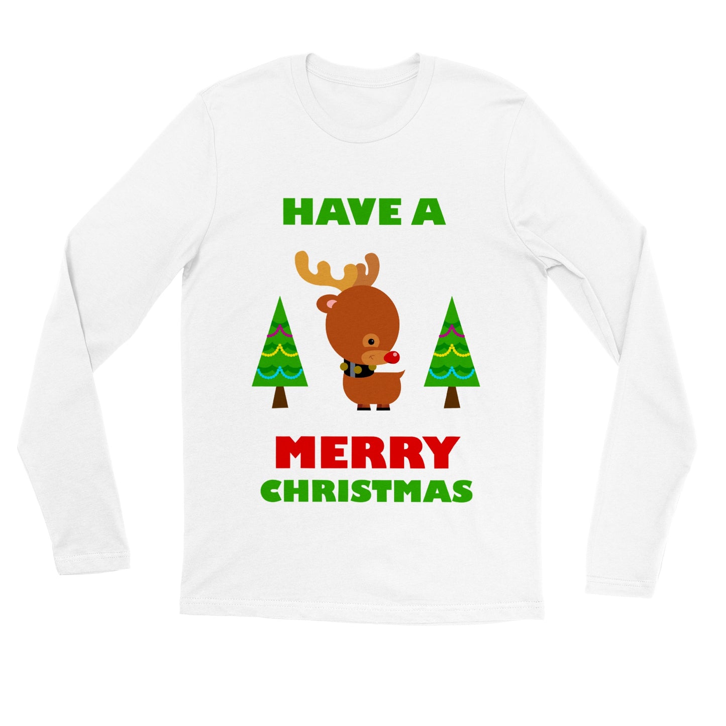 Womens Premium Unisex Longsleeve T-shirt Baby looking Rudolf with Christmas trees