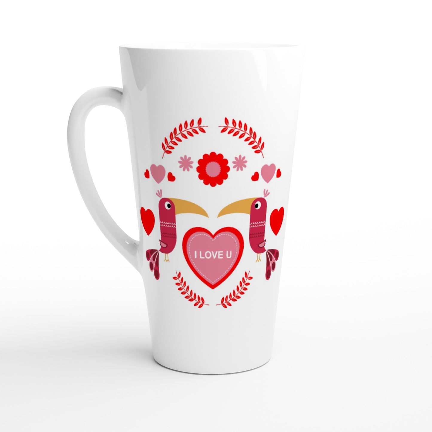 White Latte 17oz Ceramic Mug - Birds Mirrored with Floral-Botanical and Hearts - Valentine