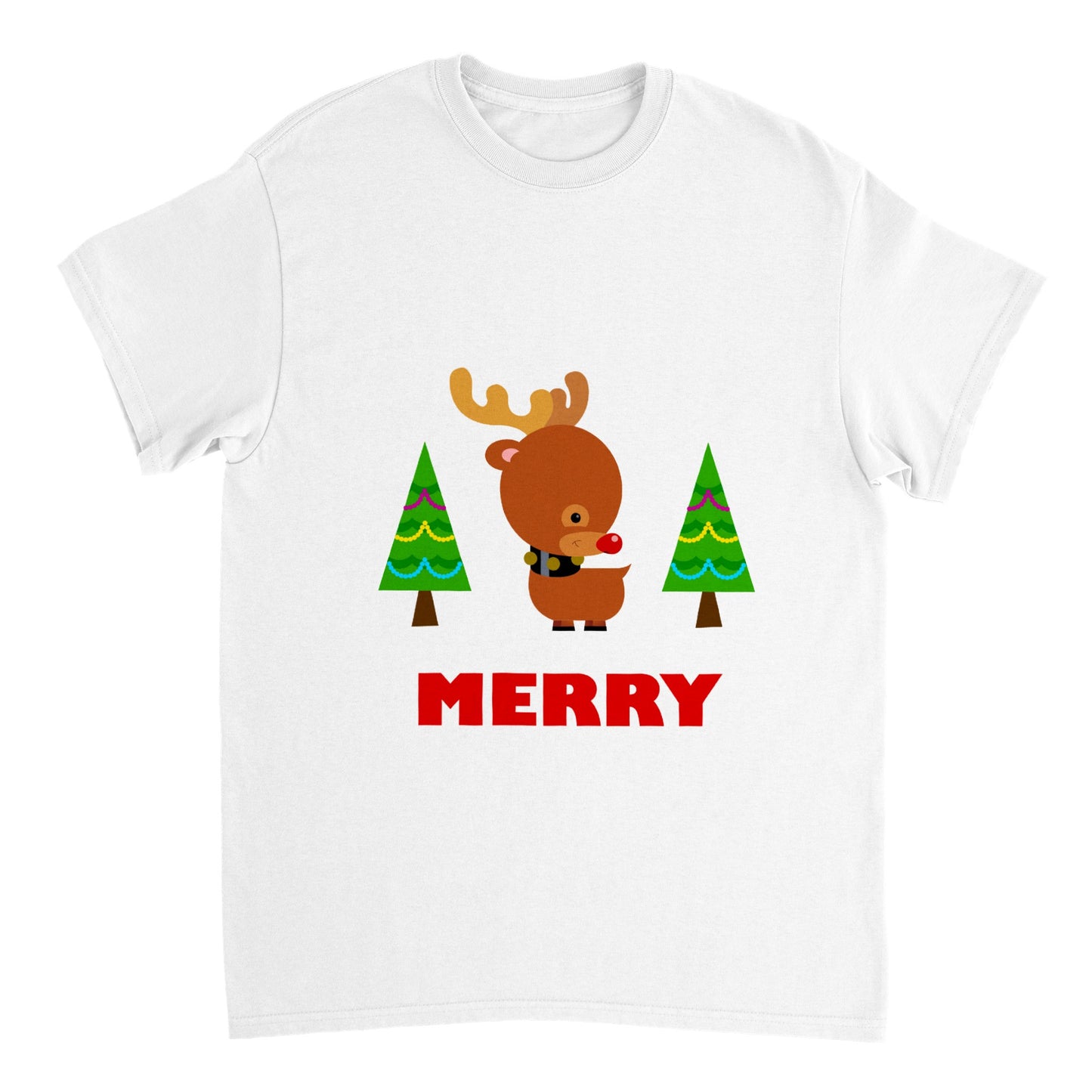 Womens Heavyweight Unisex Crewneck T-shirt Baby looking Rudolf with Christmas trees