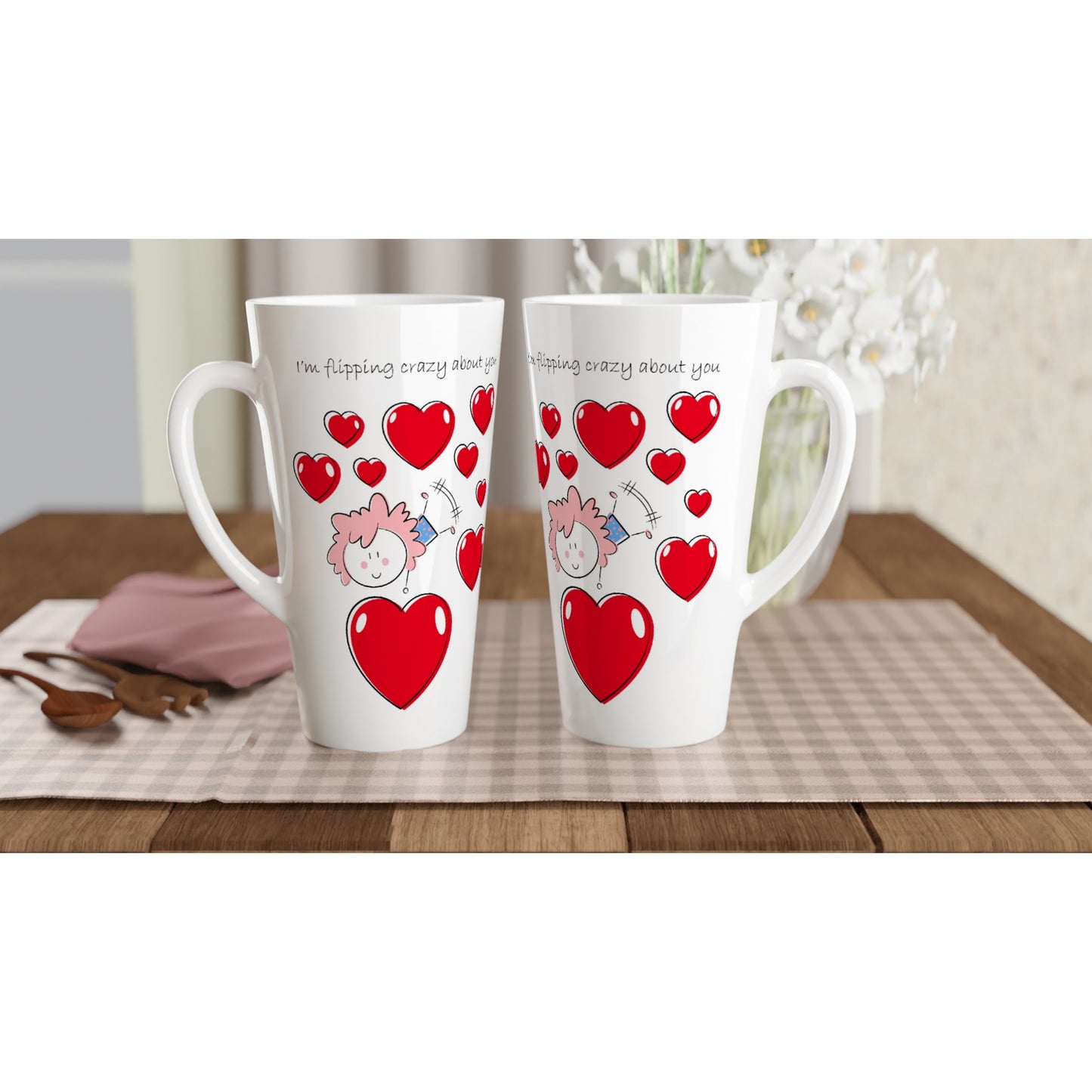 White Latte 17oz Ceramic Mug - White 15oz Ceramic Mug - Girl doing a Flip Between Hearts - Valentine