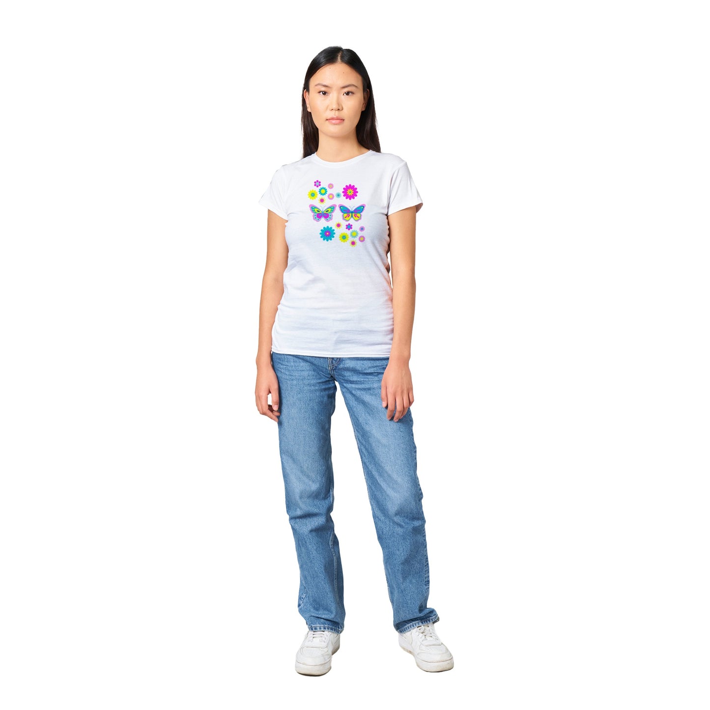 Classic Womens Crewneck T-shirt - Beautiful Graphic Floral and Butterflies in vibrant colours