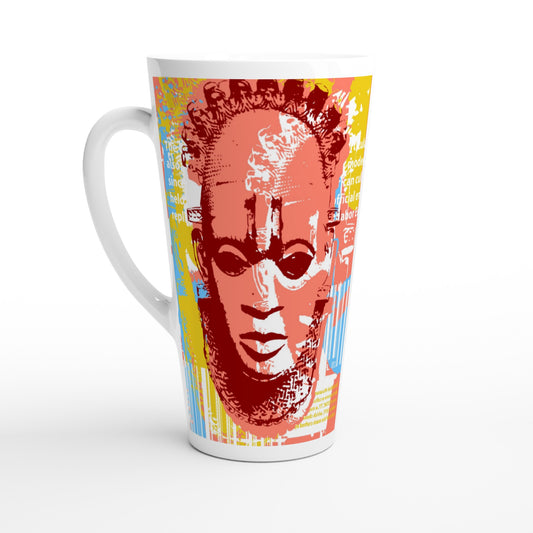 White Latte 17oz Ceramic Mug - Benin Mask. Graphic Stencil-Multi colour