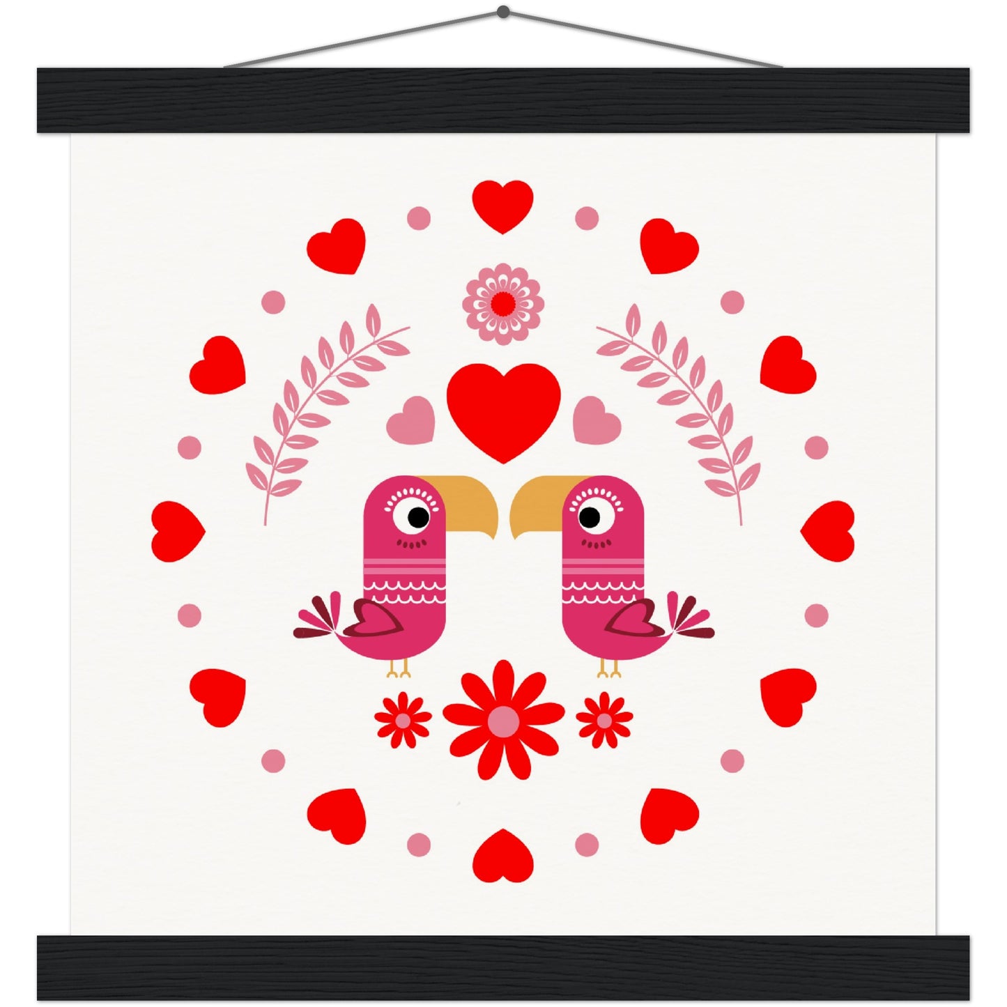 Museum-Quality Matte Paper Poster & Hanger - Birds Mirrored with Floral-Botanical and Circling Hearts - Valentine