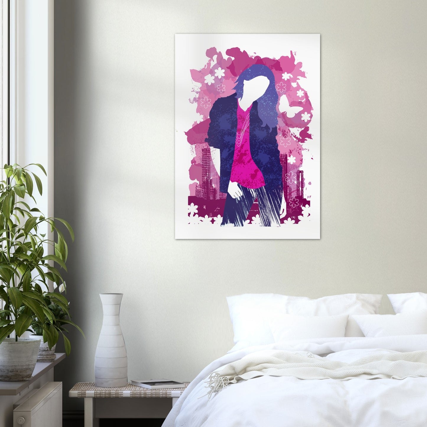 Premium Matte Paper Poster - Girl in Blue Jeans and Pink Shirt with City Skylines - Graphic Wash