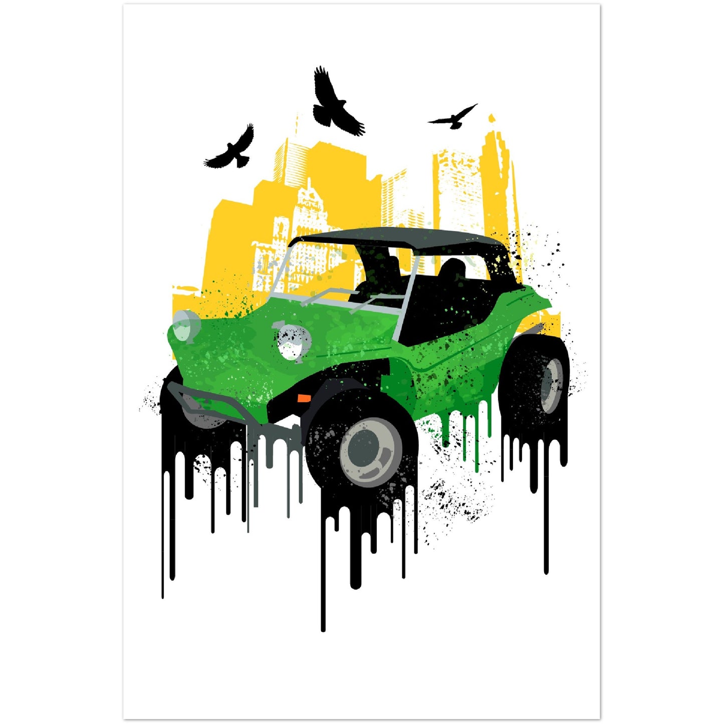 Premium Matte Paper Poster - Dune Buggy with City Background and Birds. Graphic Paint