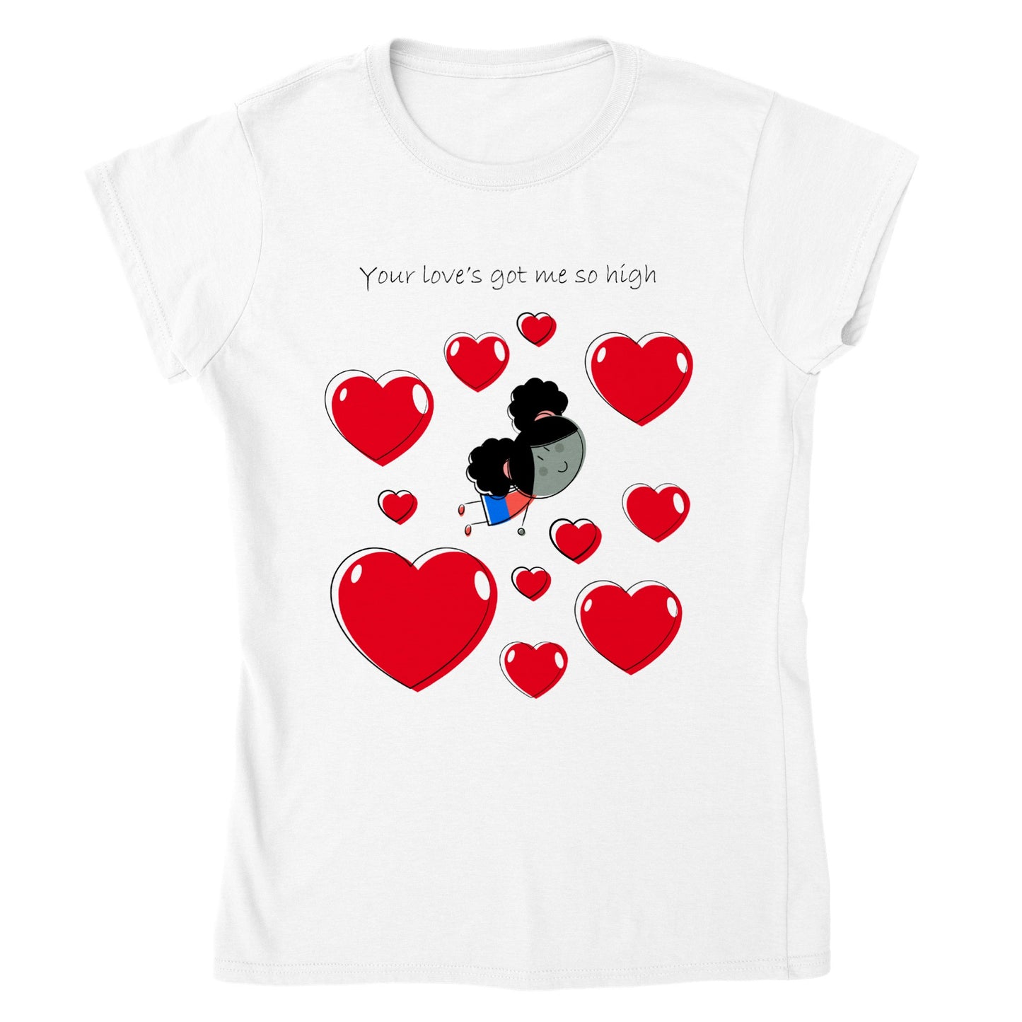 Classic Womens Crewneck T-shirt - Girl Flying Between Hearts - Valentine