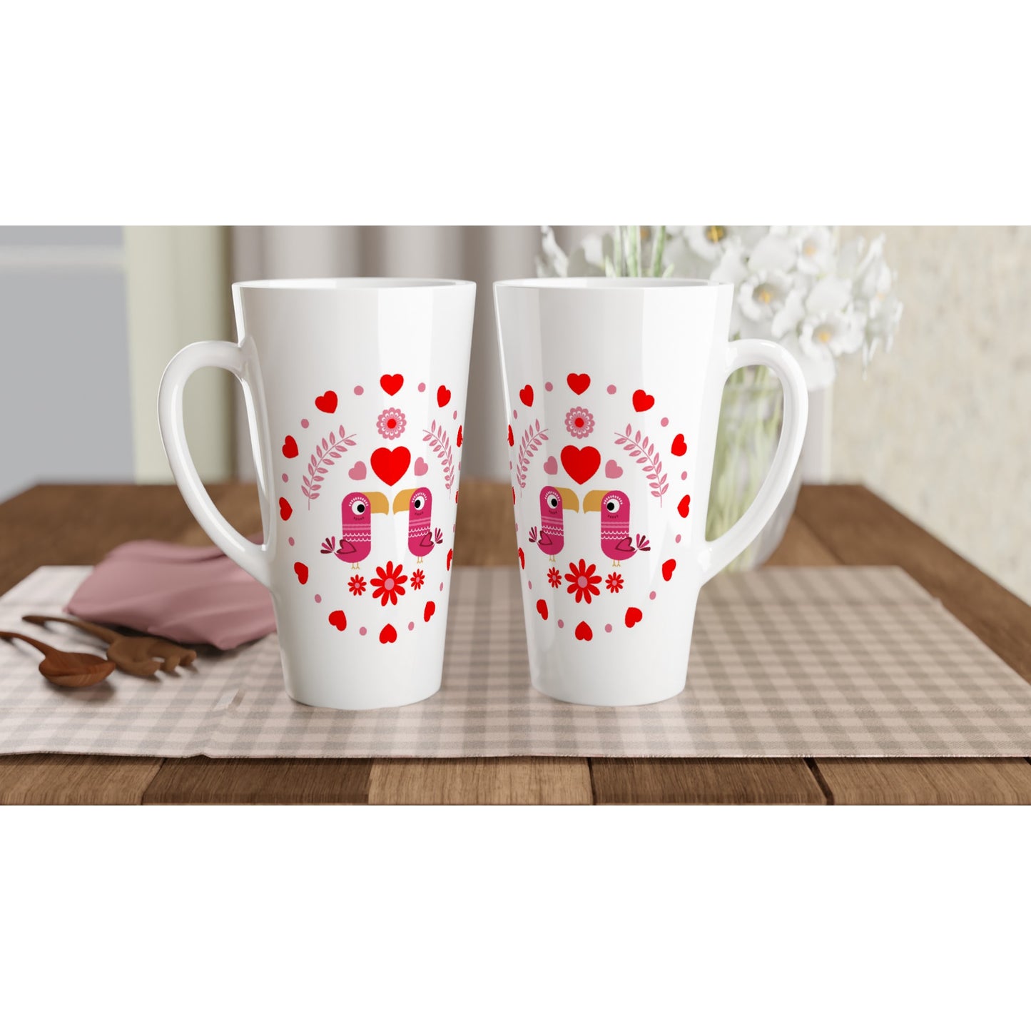 White Latte 17oz Ceramic Mug - Birds Mirrored with Floral-Botanical and Circling Hearts - Valentine