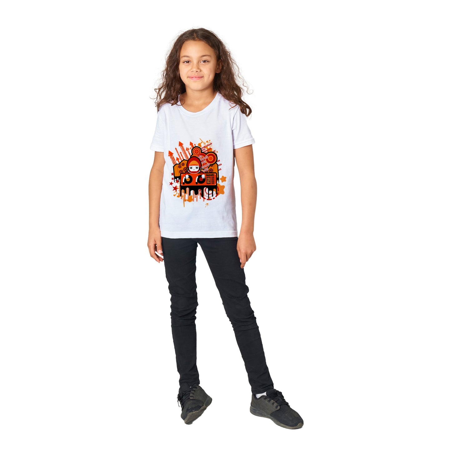 Premium Kids Crewneck T-shirt - Graphic Cartoon of a DJ on a Deck....Orange mixture.