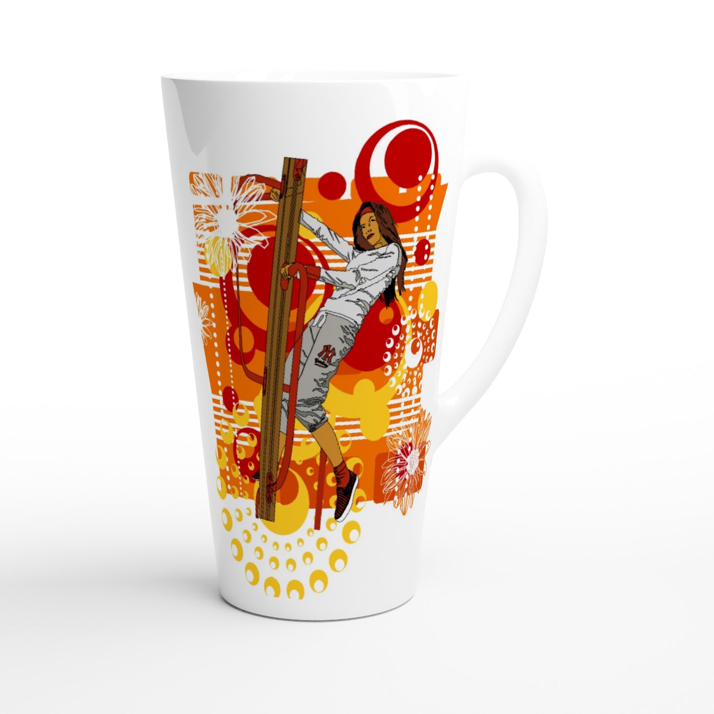 White Latte 17oz Ceramic Mug - Girl on wooden stands steps-Abstract Graphics Background