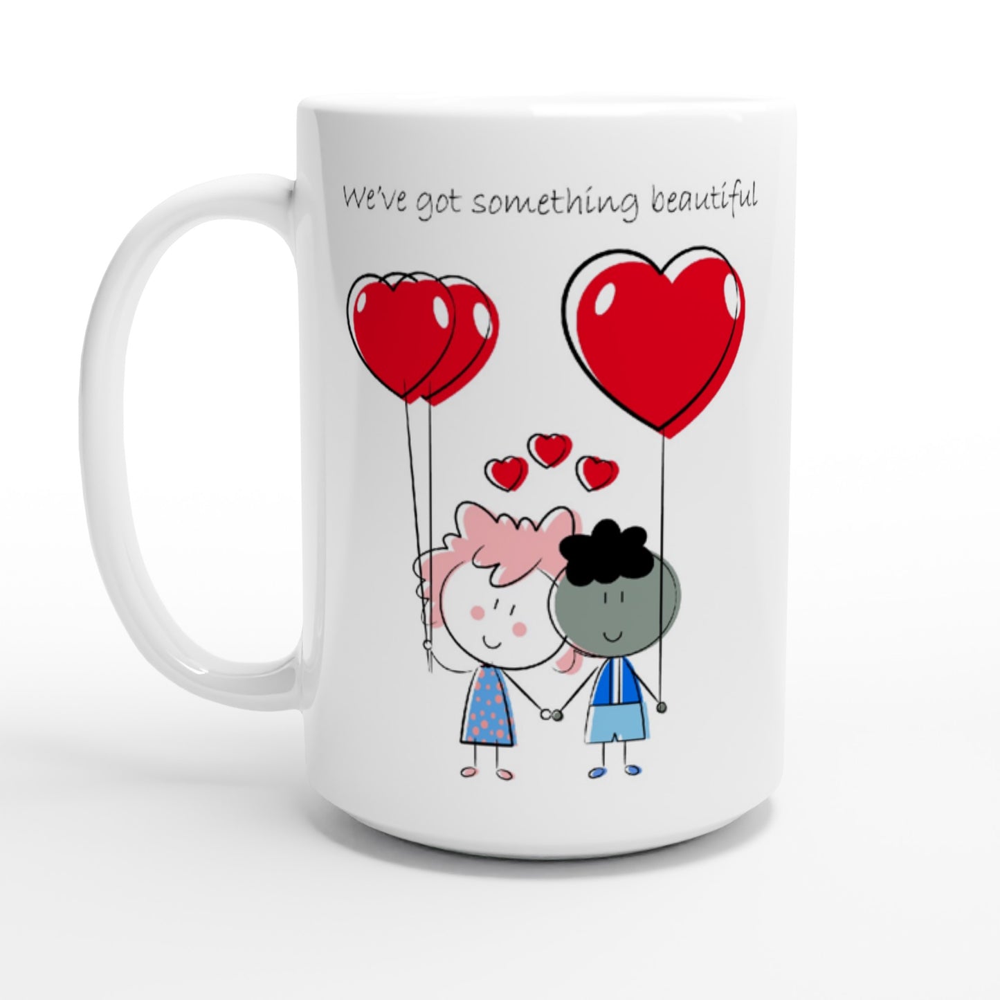 White 15oz Ceramic Mug - Couple Holding Heart Shaped Balloons - Valentine