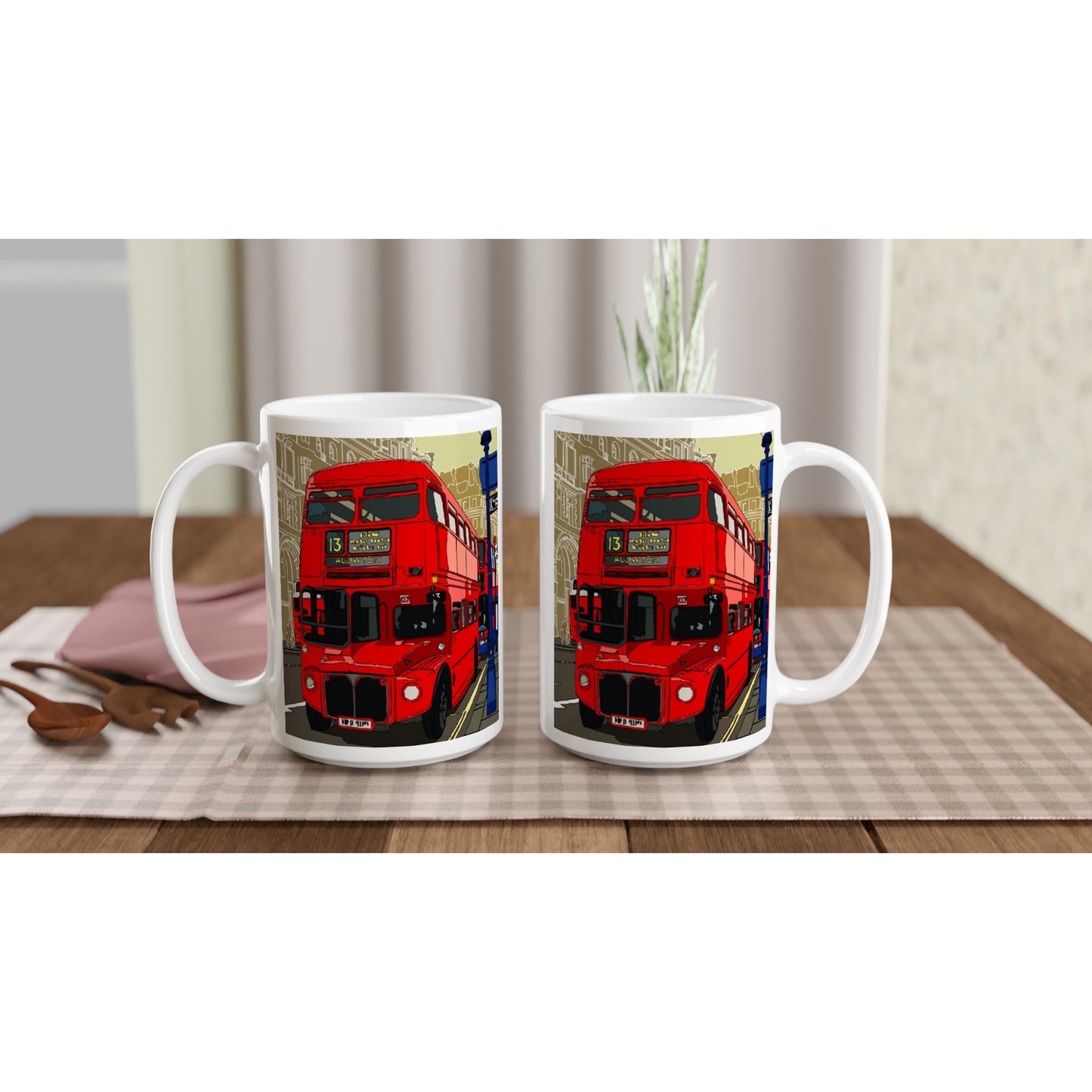 White 15oz Ceramic Mug - London Bus-The Route Master and the City of London-Stylised