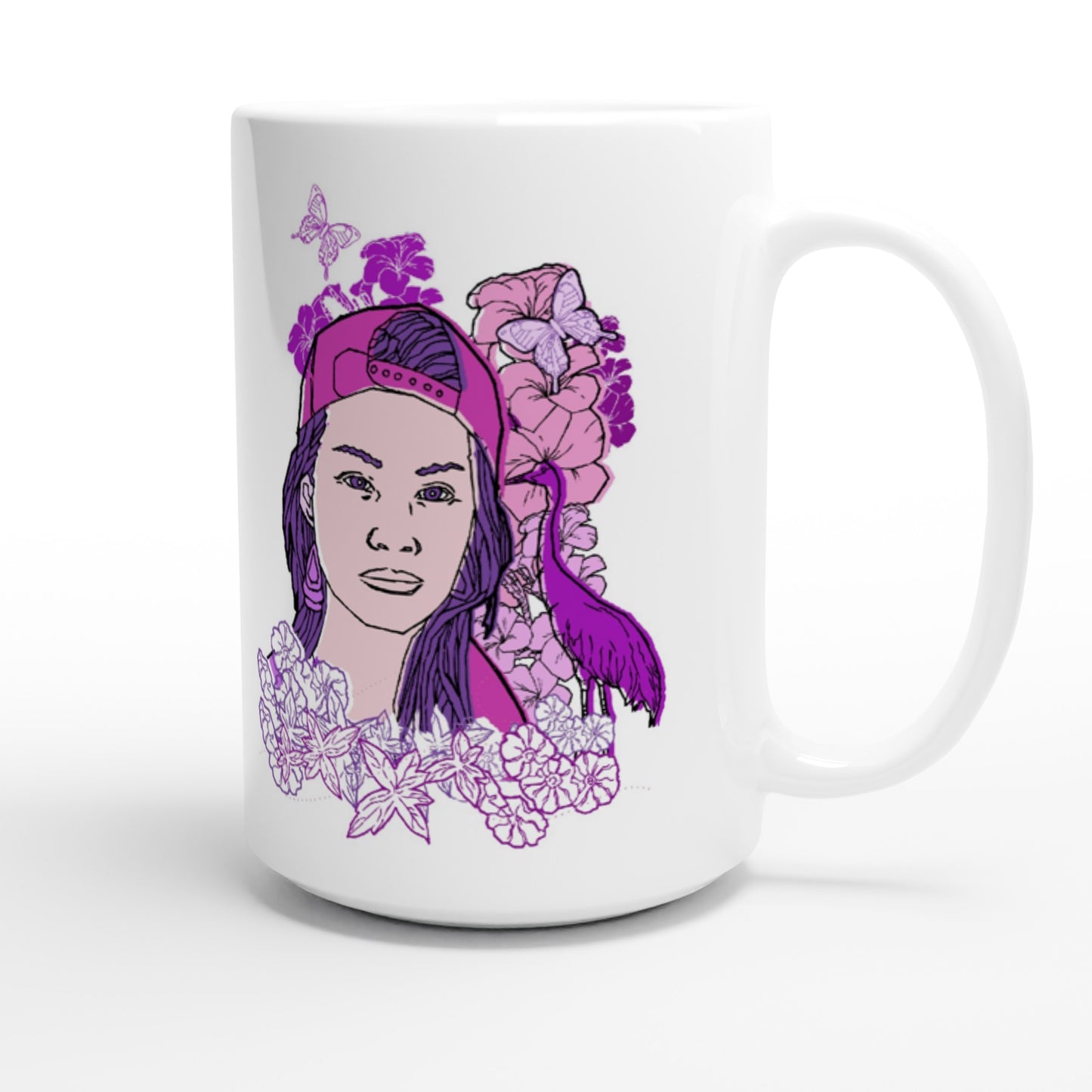 White 15oz Ceramic Mug - Girl In Pink-Nature And Floral