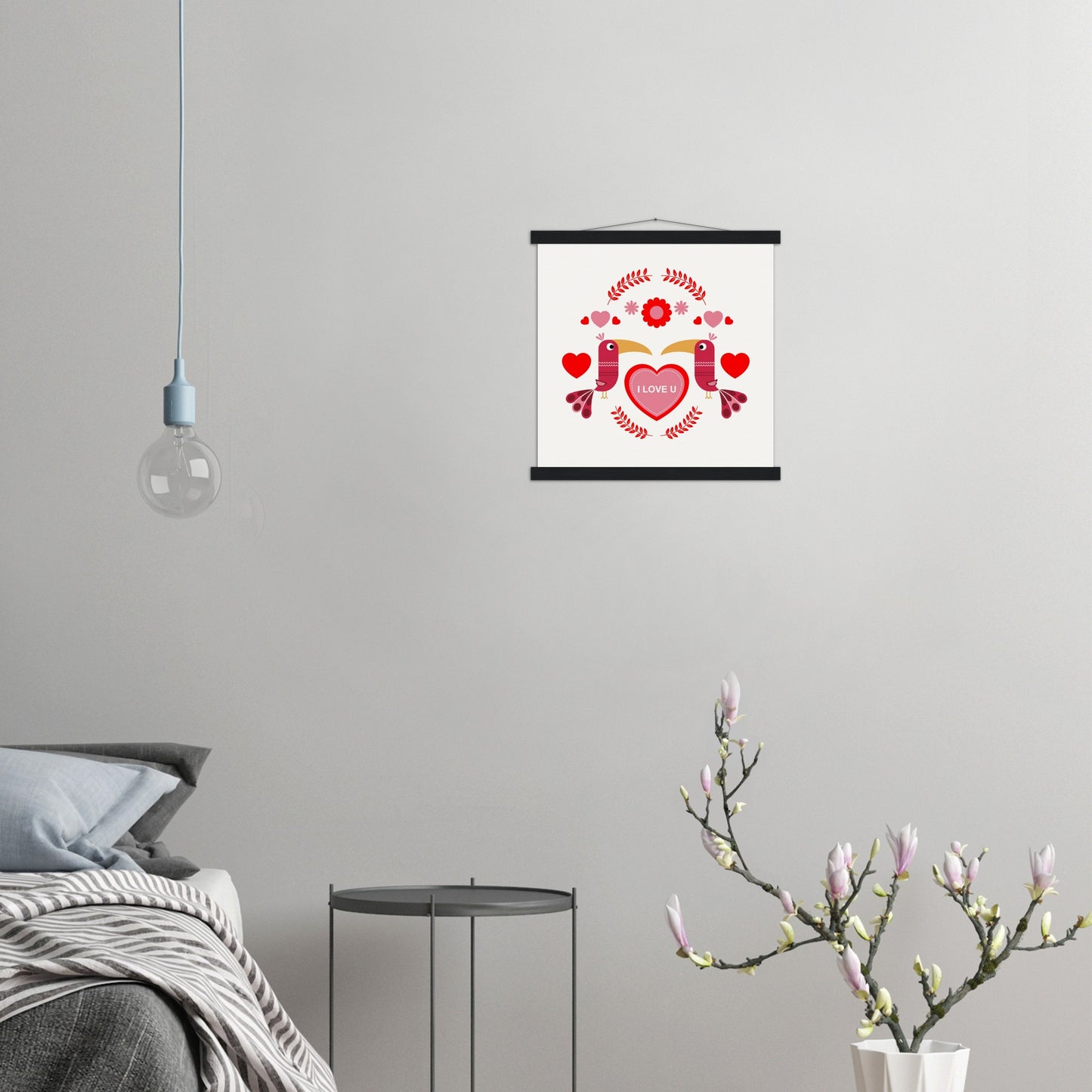 Museum-Quality Matte Paper Poster & Hanger - Birds Morrored with Floral-Botanical and Hearts - Valentine