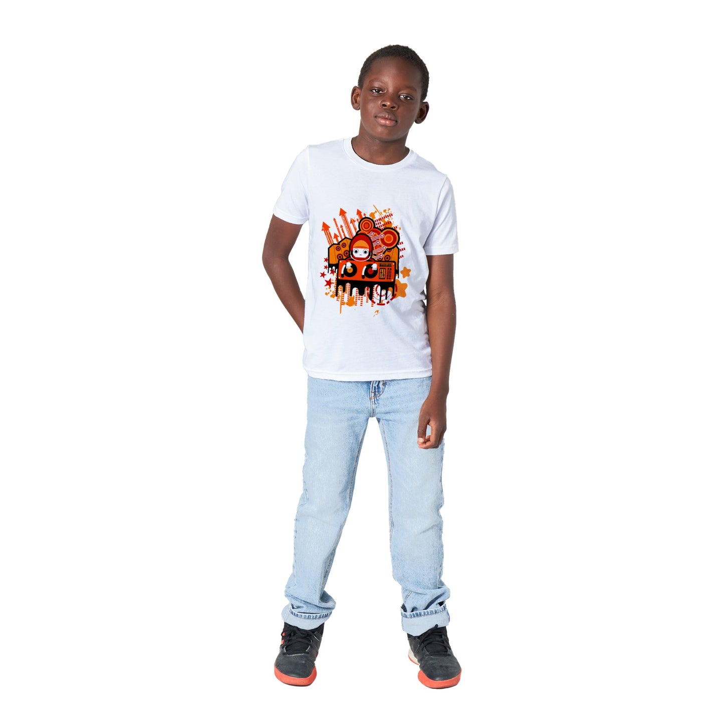 Premium Kids Crewneck T-shirt - Graphic Cartoon of a DJ on a Deck....Orange mixture.