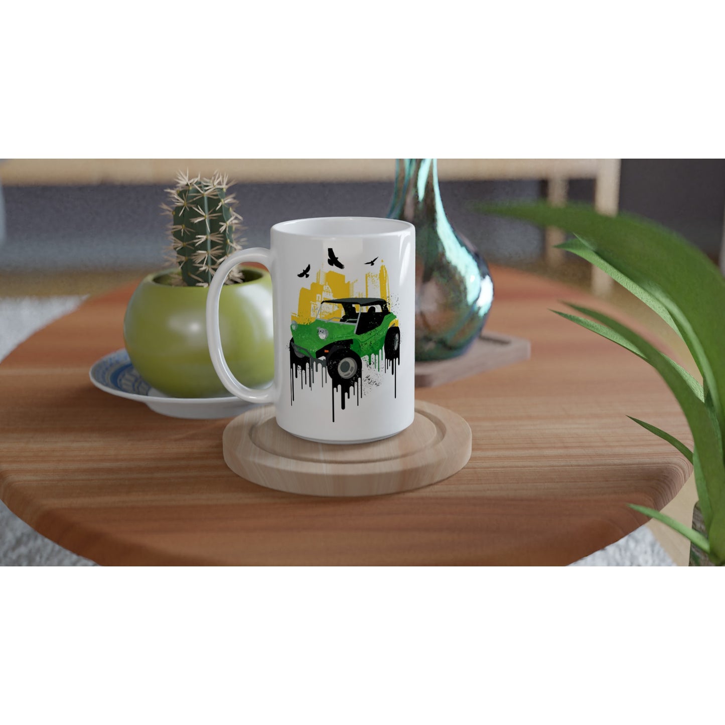 White 15oz Ceramic Mug - Dune Buggy with City Background and Birds. Graphic Paint.