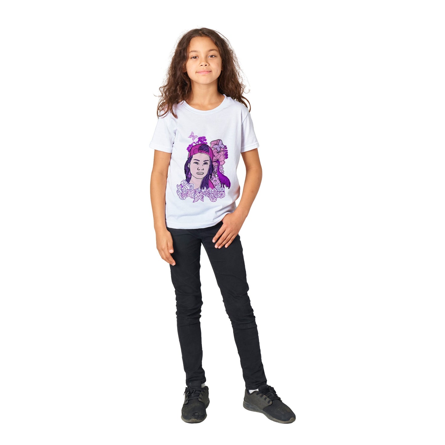 Premium Kids Crewneck T-shirt - Girl In Pink-Nature And Floral