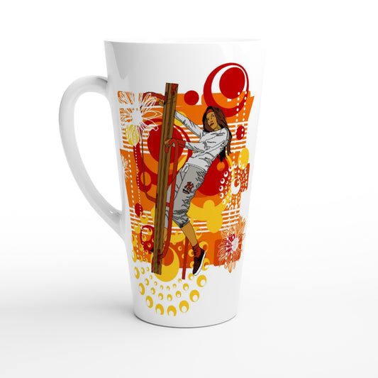 White Latte 17oz Ceramic Mug - Girl on wooden stands steps-Abstract Graphics Background