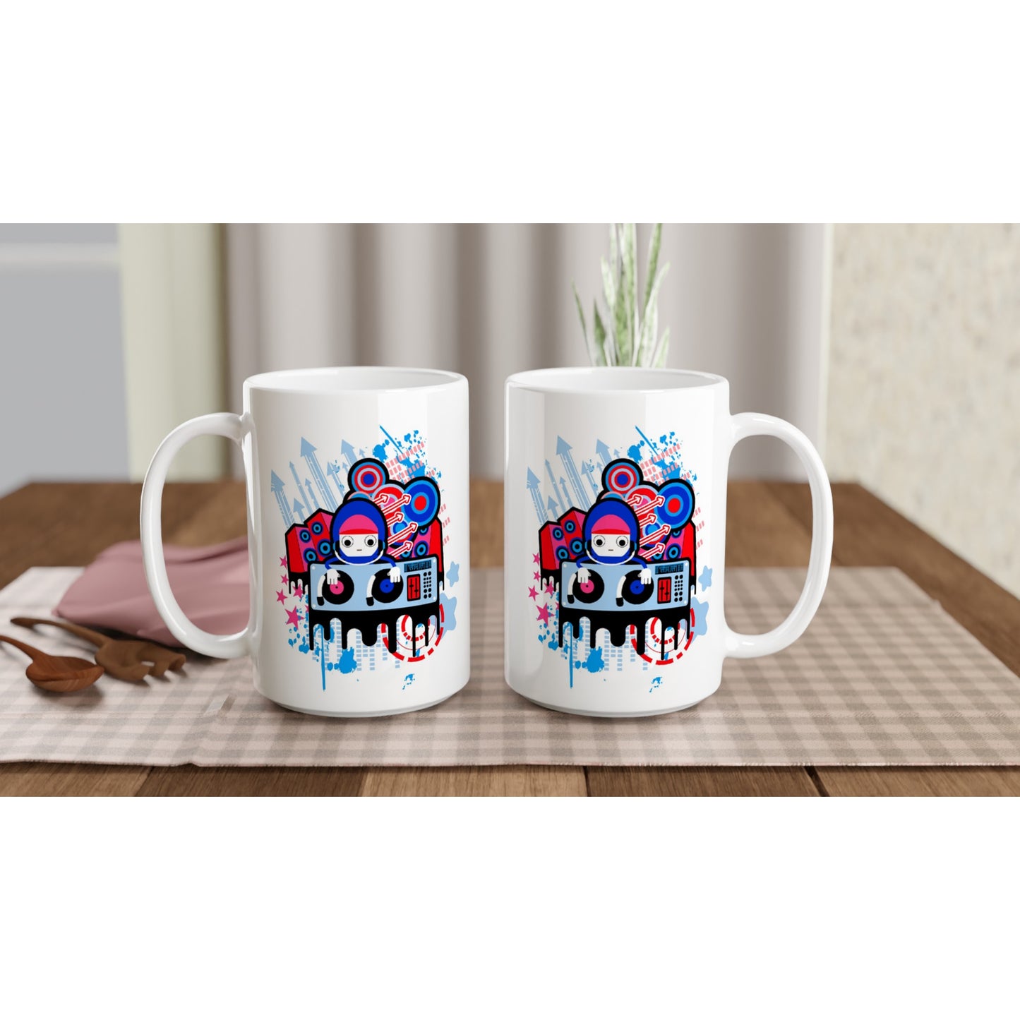 White 15oz Ceramic Mug - Graphic Cartoon of a DJ on two Decks....Blue, Red and Pink