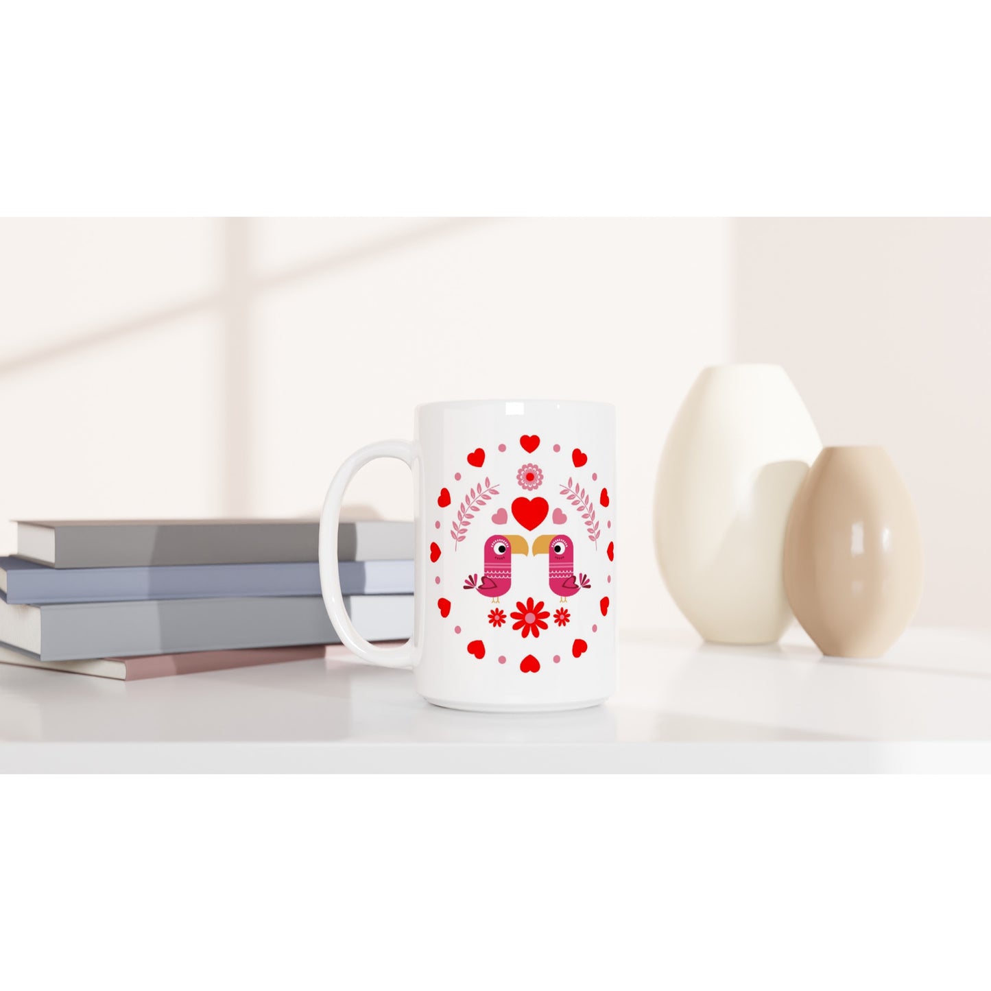 White 15oz Ceramic Mug - Birds Mirrored with Floral-Botanical and Circling Hearts - Valentine