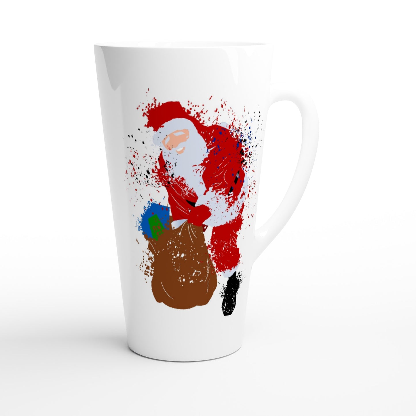 White Latte 17oz Ceramic Mug Santa with Presents-Splattered paint