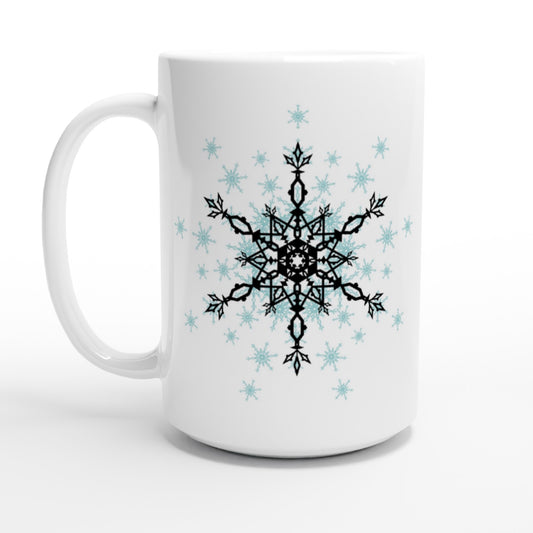 White 15oz Ceramic Mug Snow Crystals- Black and Blue