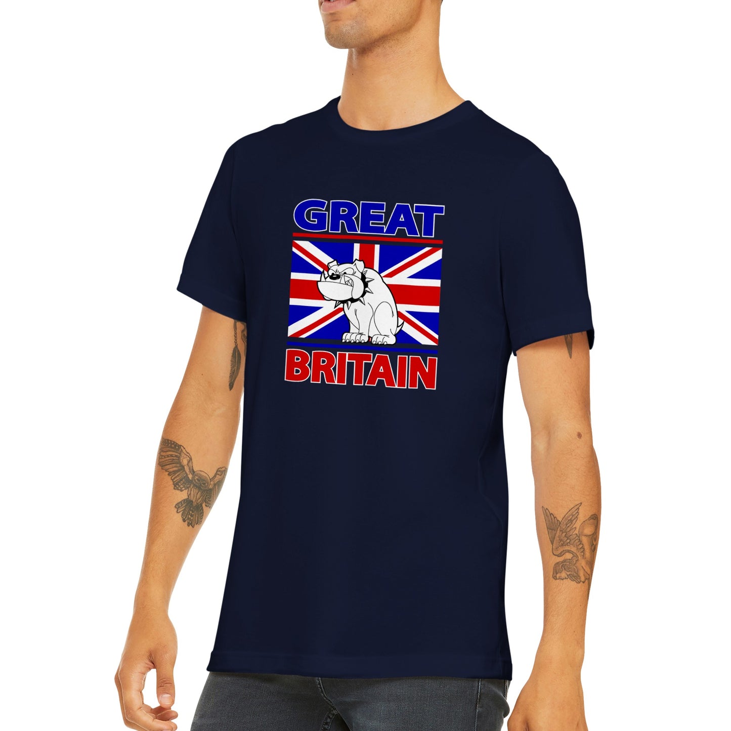 Premium Unisex Crewneck T-shirt - Cartoon Bulldog with Union Jack Flag