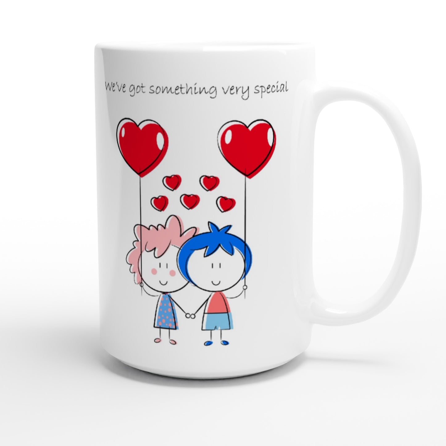 White 15oz Ceramic Mug - Couple Holding Heart Shaped Balloons - Valentine