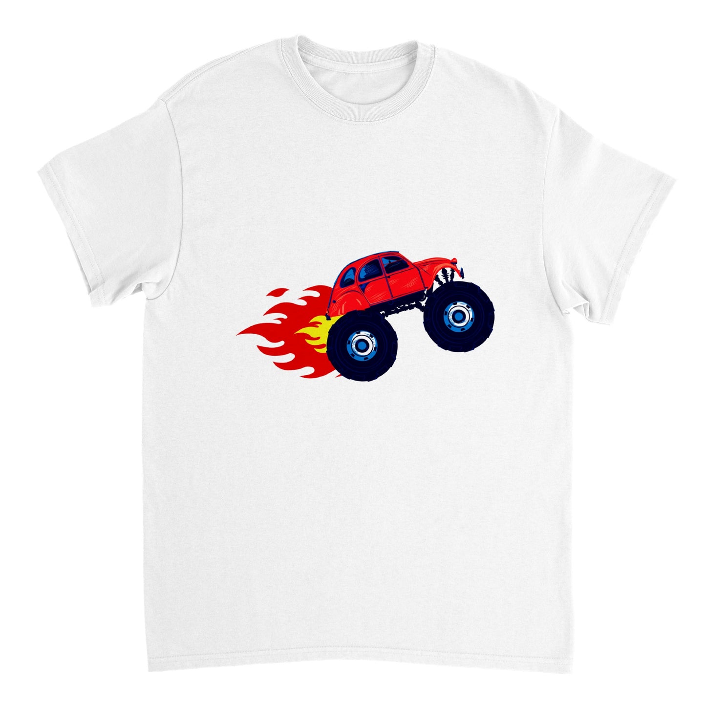 Heavyweight Unisex Crewneck T-shirt - Monster Truck -2CV with Fire Blaze