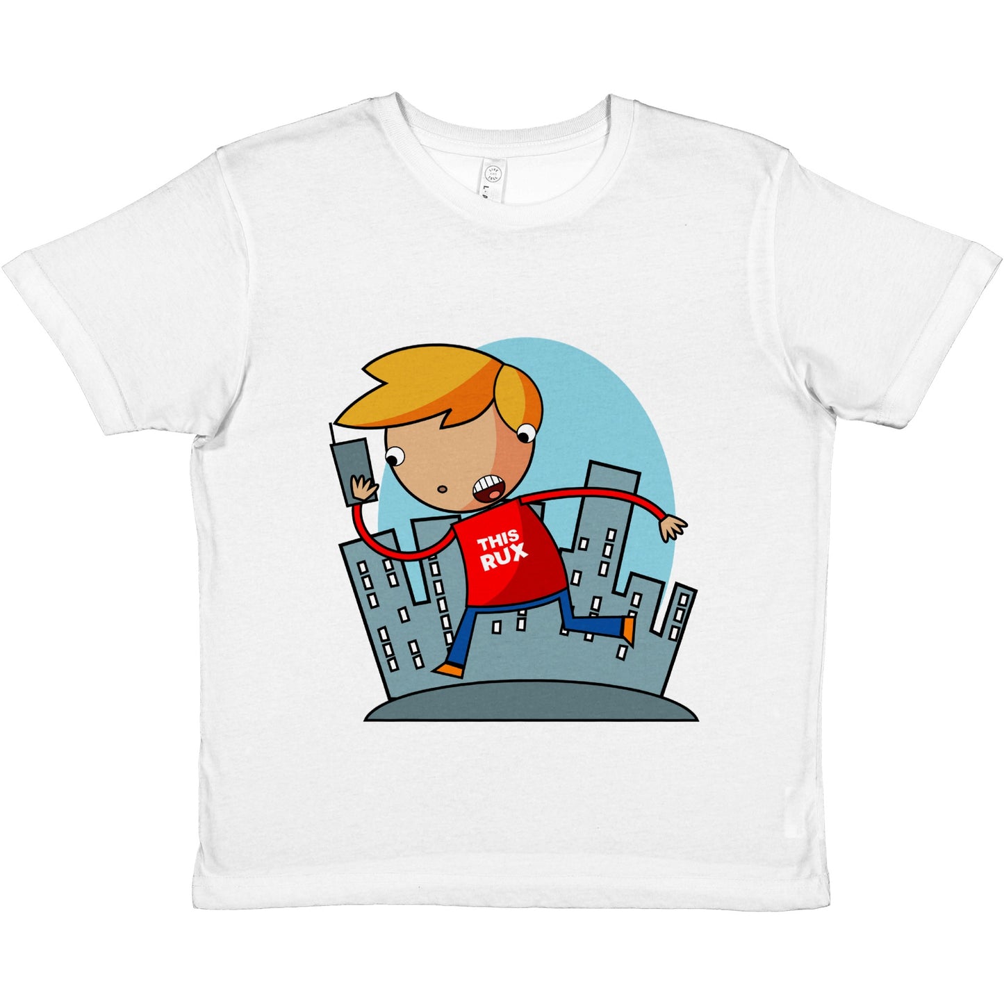 Premium Kids Crewneck T-shirt - Cartoon Of A Kid On A Phone With City Skylines