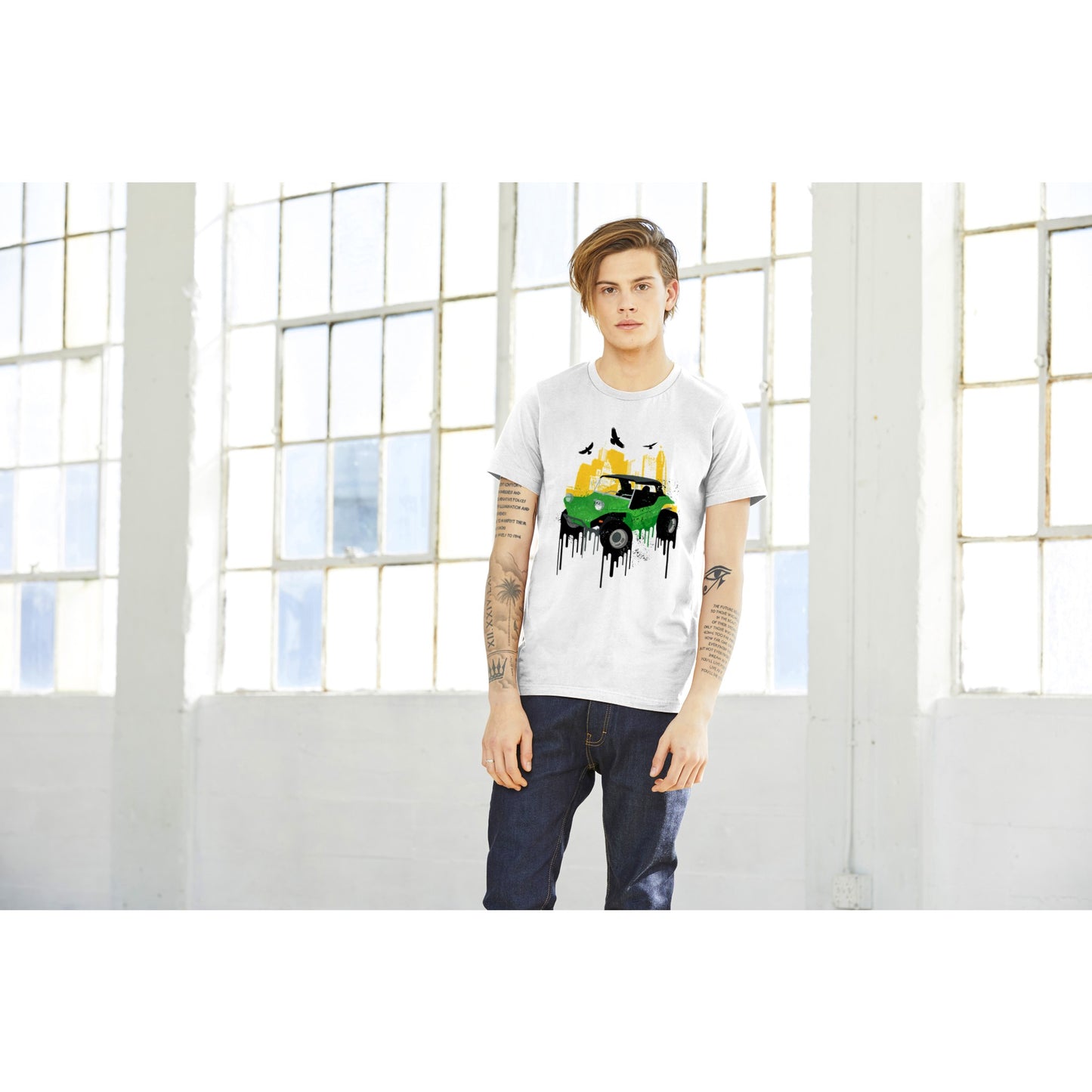 Premium Unisex Crewneck T-shirt - Dune Buggy with City Background and Birds. Graphic Paint.