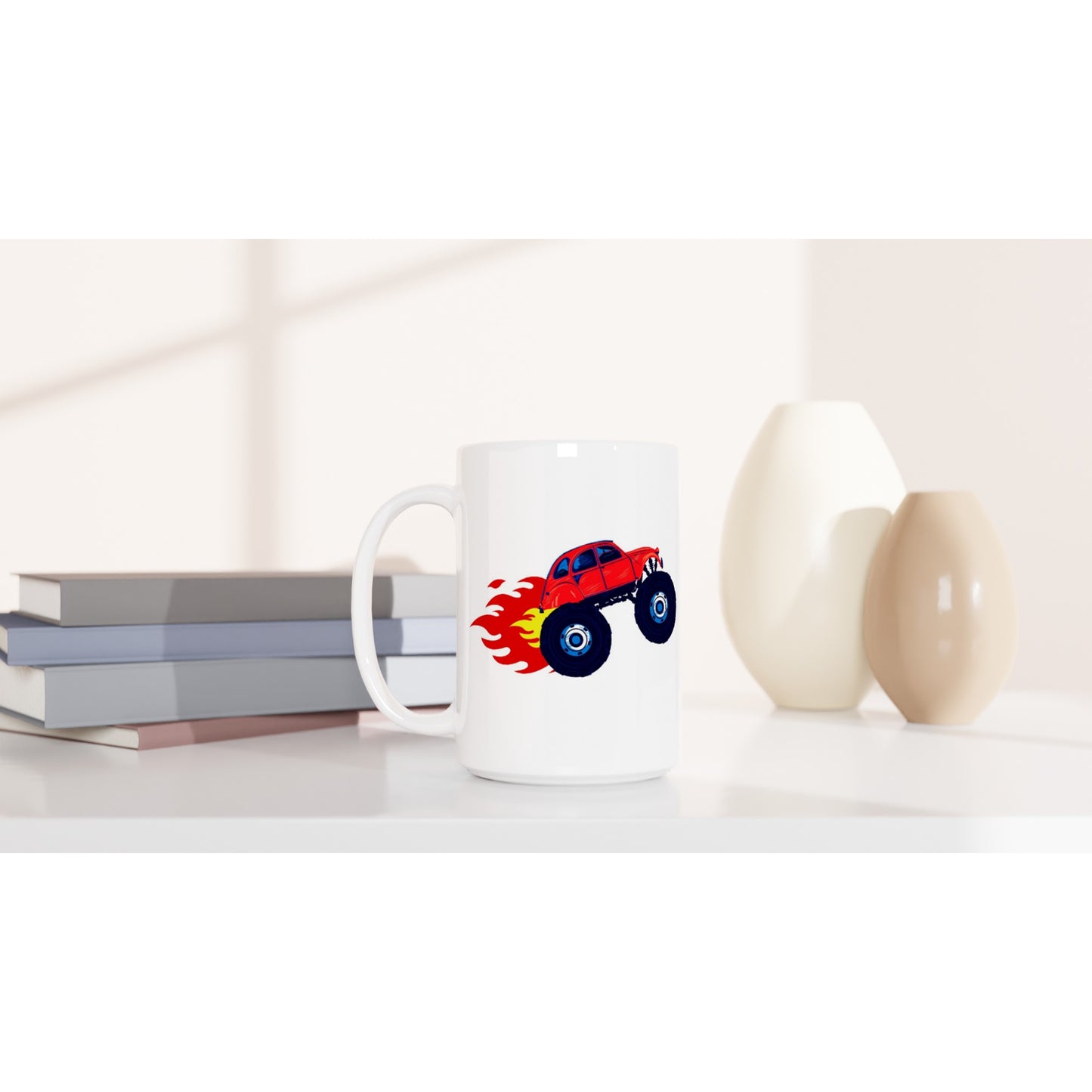 White 15oz Ceramic Mug - Monster Truck -2CV with Fire Blaze