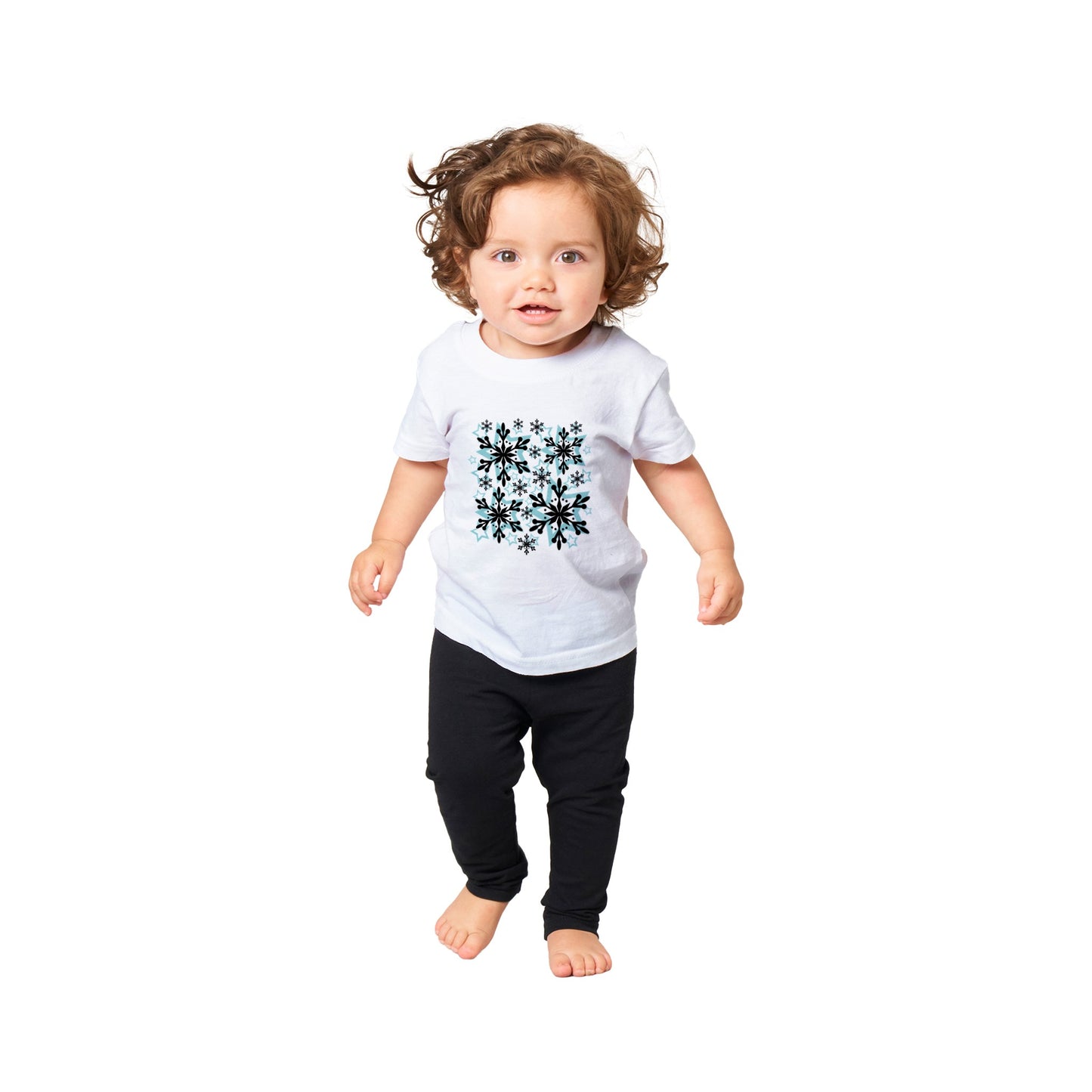 Classic Baby Crewneck T-shirt Snow Crystals and Blue Stars