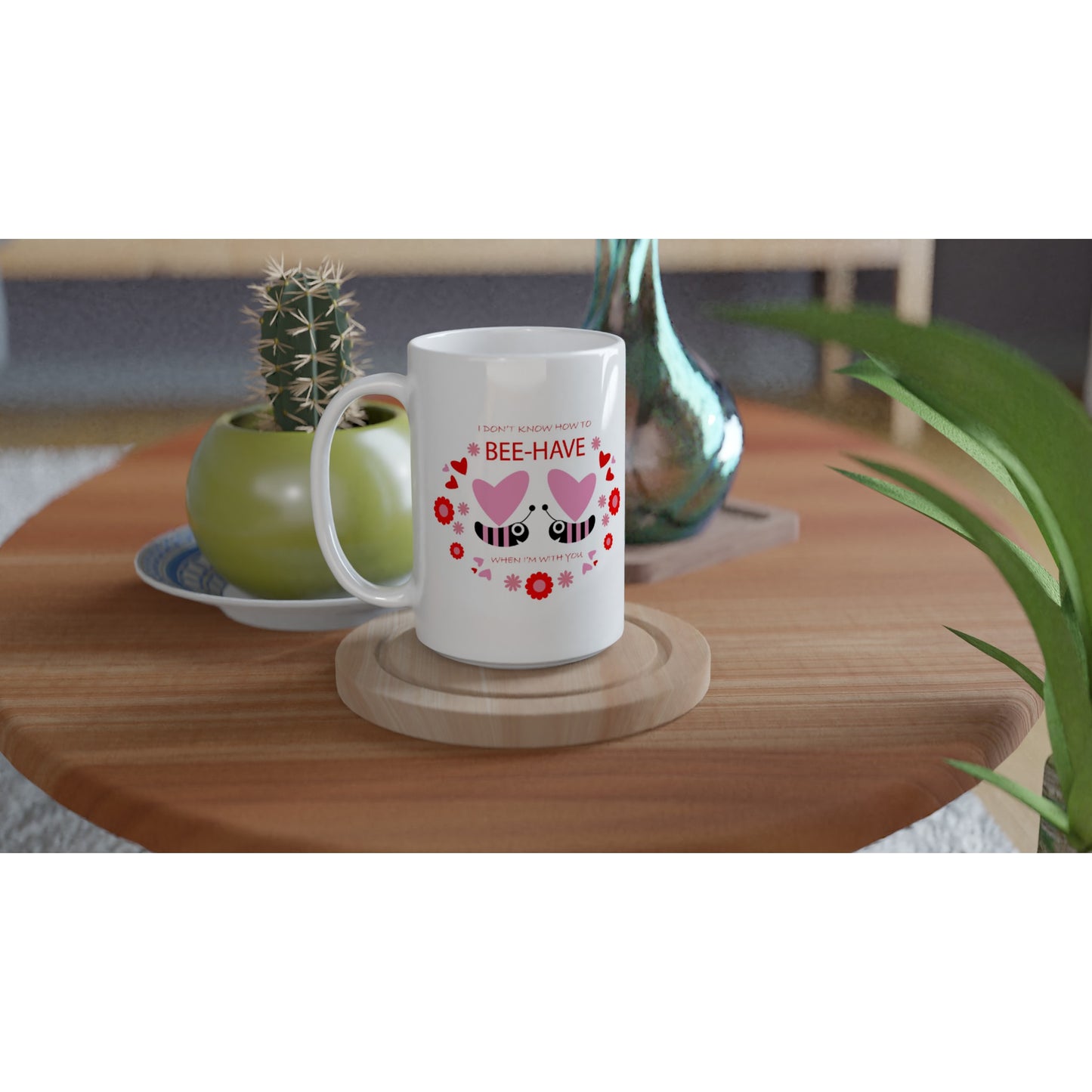 White 15oz Ceramic Mug - Bees mirrored with Floral and Hearts - Valentine