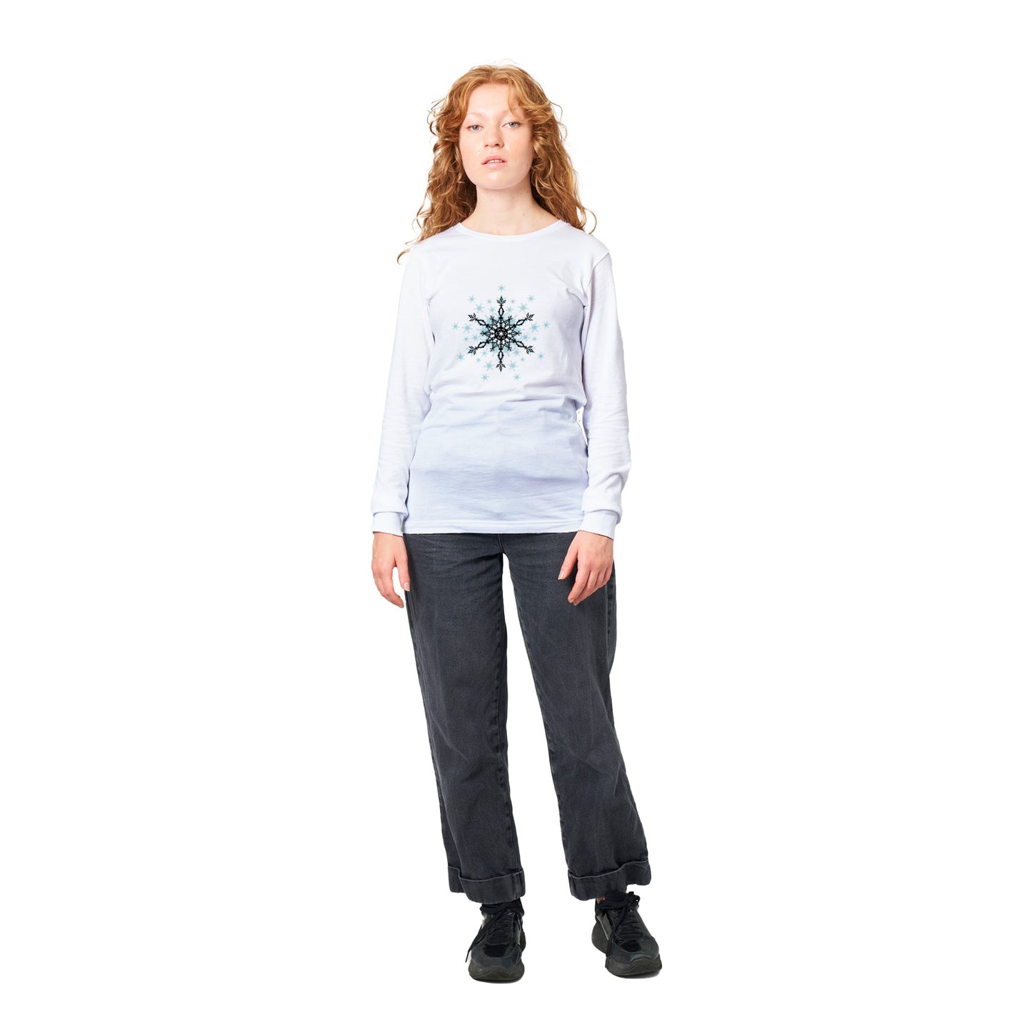 Womens Premium Unisex Longsleeve T-shirt Snow Crystals- Black and Blue