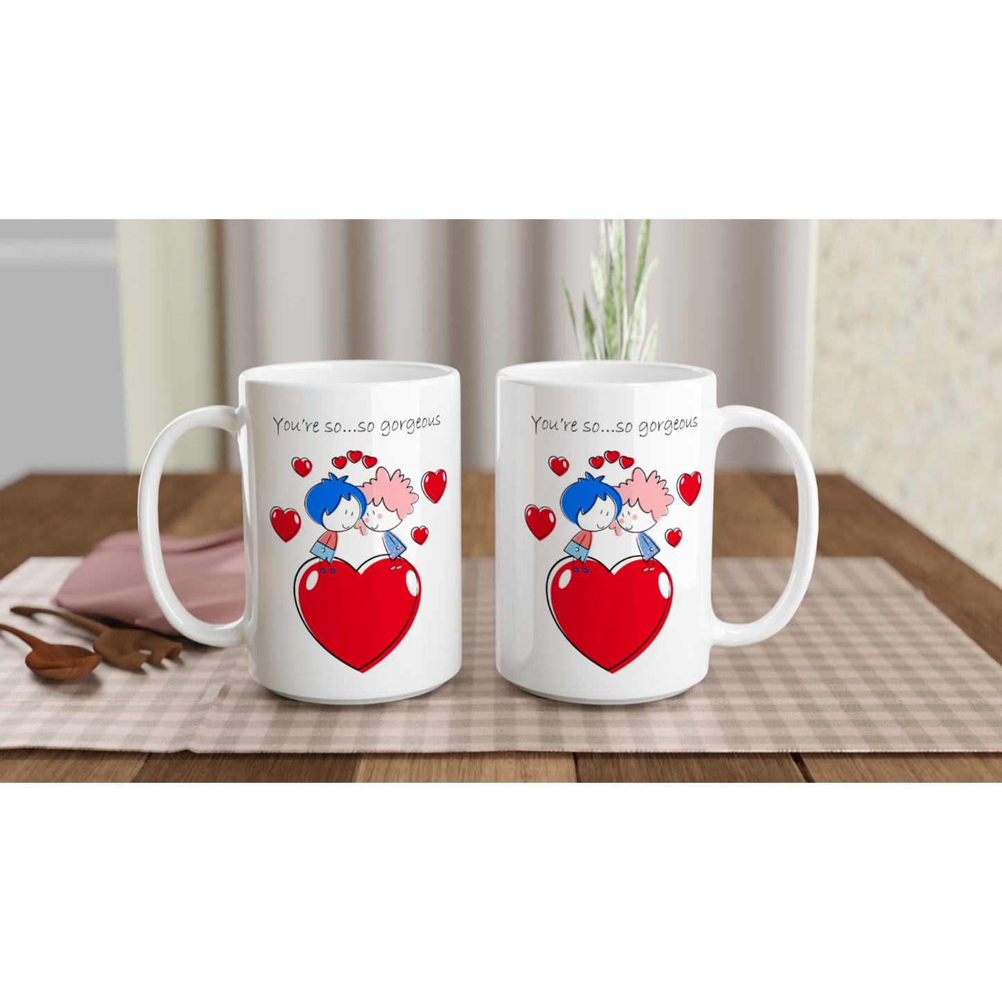 White 15oz Ceramic Mug - Couple Gazing at Each Other On Heart - Valentine