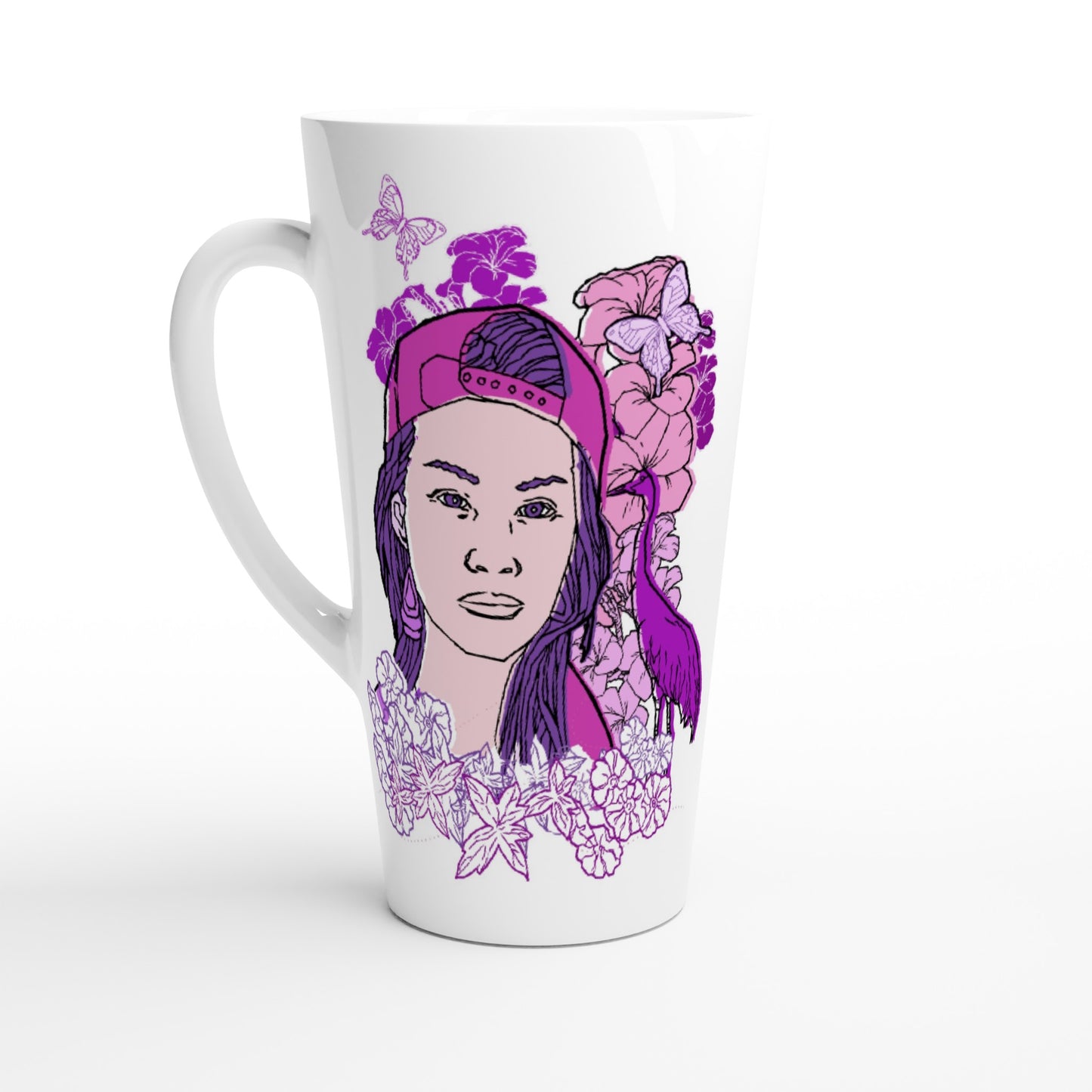 White Latte 17oz Ceramic Mug - Girl In Pink baseball cap - Nature And Floral