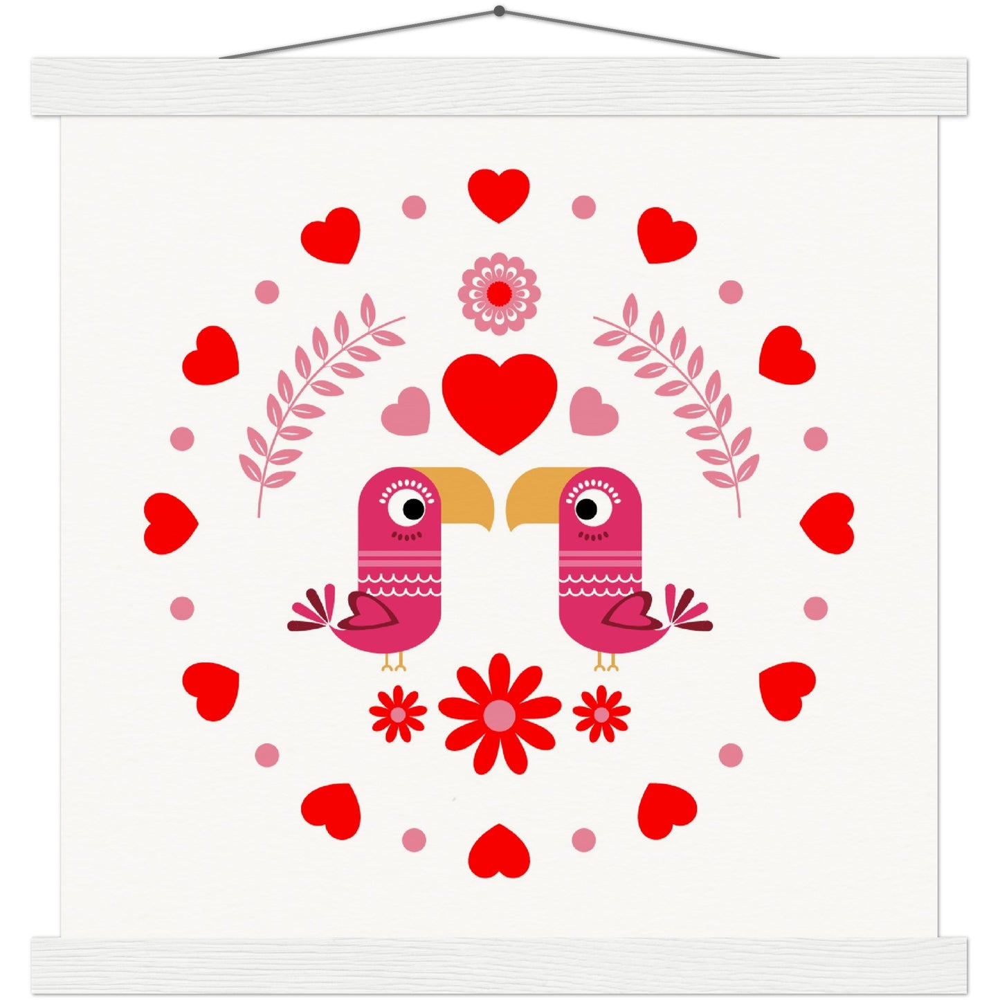 Museum-Quality Matte Paper Poster & Hanger - Birds Mirrored with Floral-Botanical and Circling Hearts - Valentine