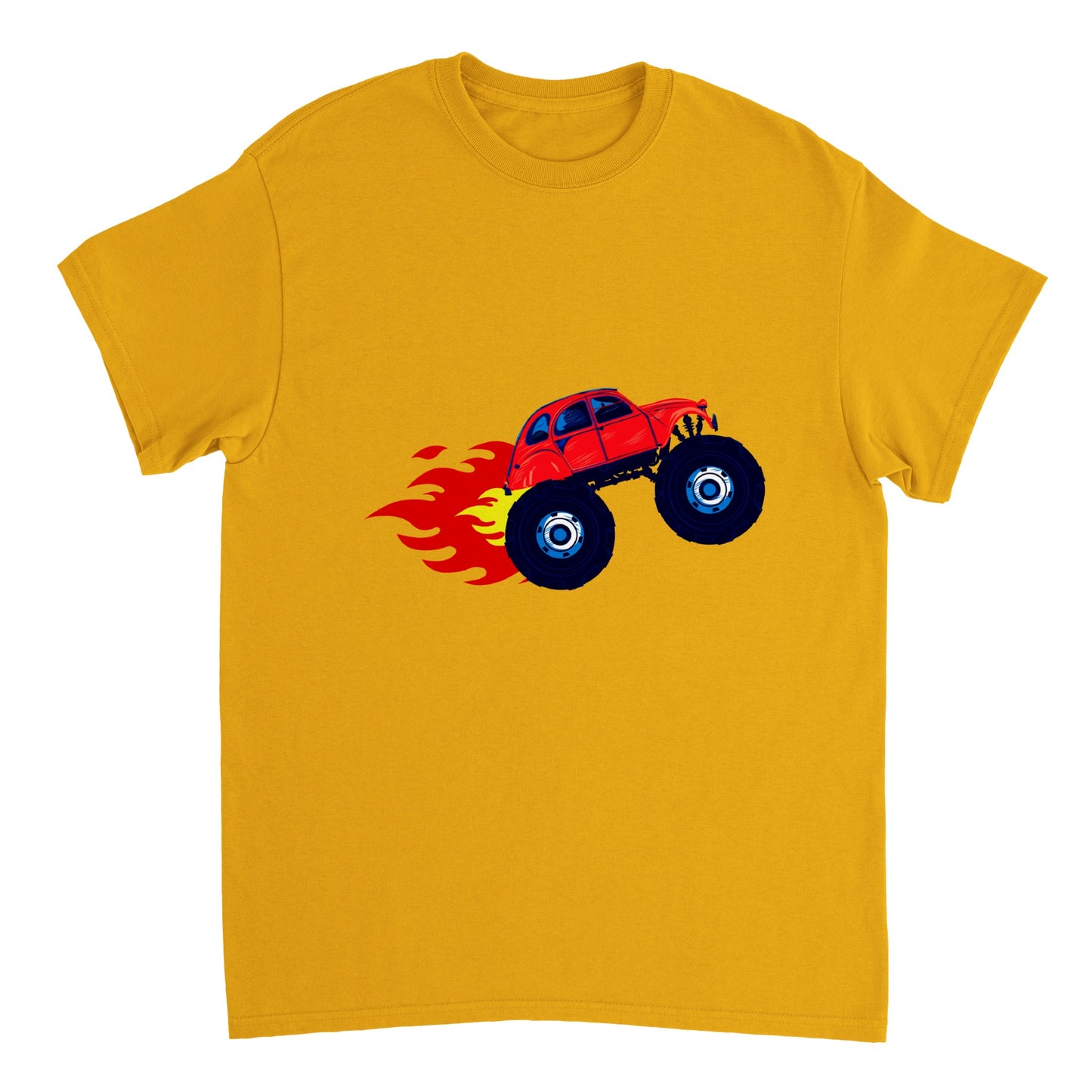 Heavyweight Unisex Crewneck T-shirt - Monster Truck -2CV with Fire Blaze