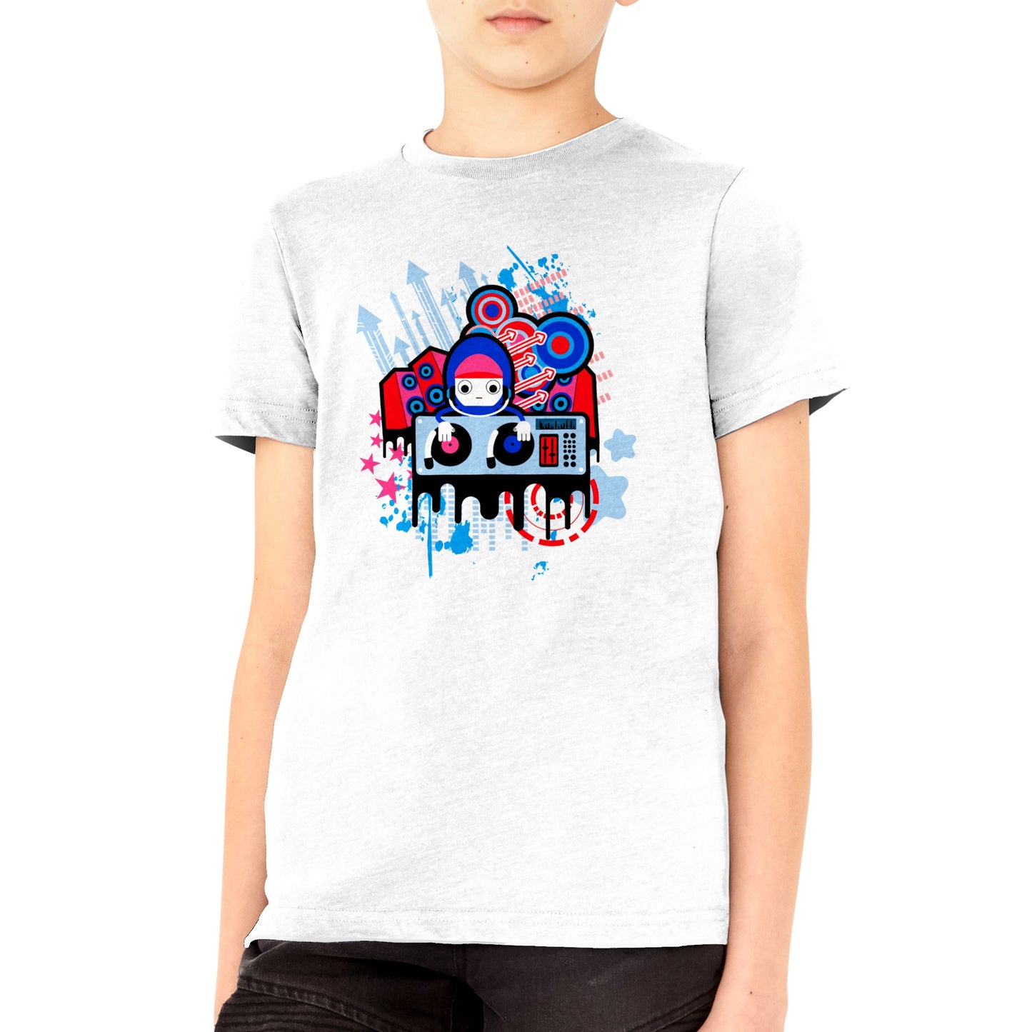 Premium Kids Crewneck T-shirt - Graphic Cartoon of a DJ on two Decks....Blue, Red and Pink