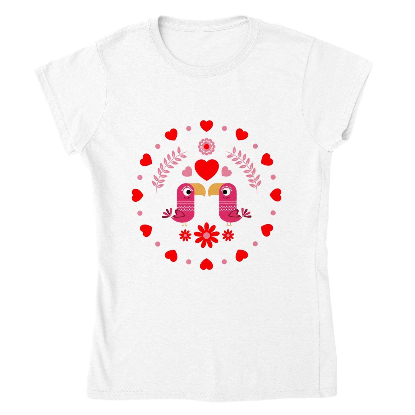 Classic Womens Crewneck T-shirt - Birds Mirrored with Floral-Botanical and Circling Hearts - Valentine