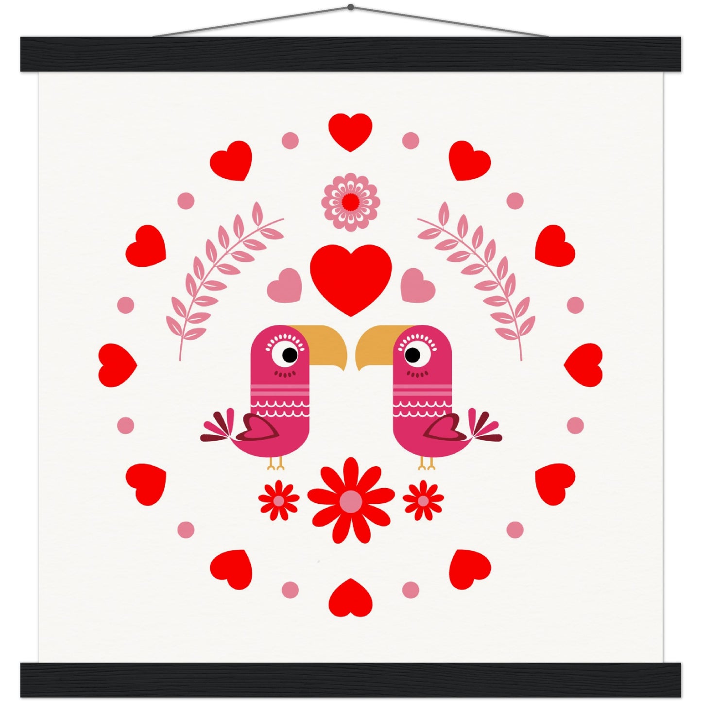 Museum-Quality Matte Paper Poster & Hanger - Birds Mirrored with Floral-Botanical and Circling Hearts - Valentine