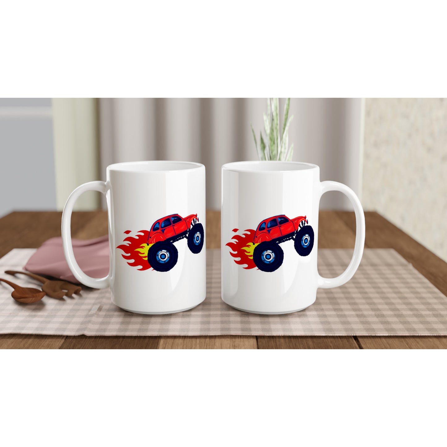 White 15oz Ceramic Mug - Monster Truck -2CV with Fire Blaze