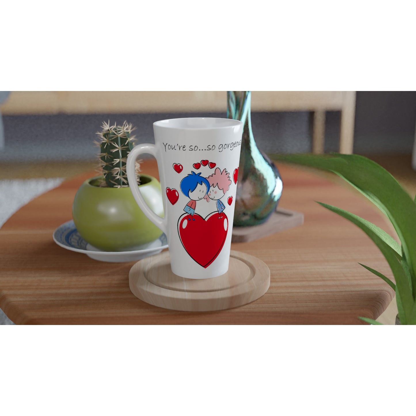 White Latte 17oz Ceramic Mug - Couple Gazing at Each Other On Heart - Valentine