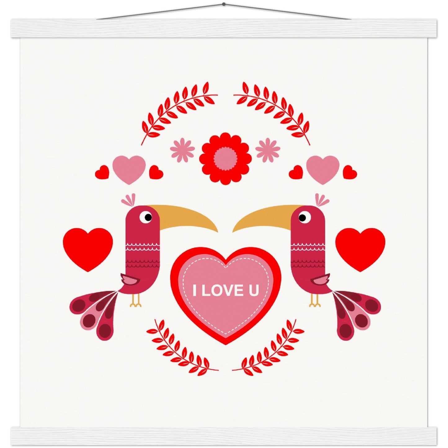 Museum-Quality Matte Paper Poster & Hanger - Birds Morrored with Floral-Botanical and Hearts - Valentine