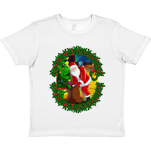 Premium Kids Crewneck T-shirt Santa-fireplace-reath