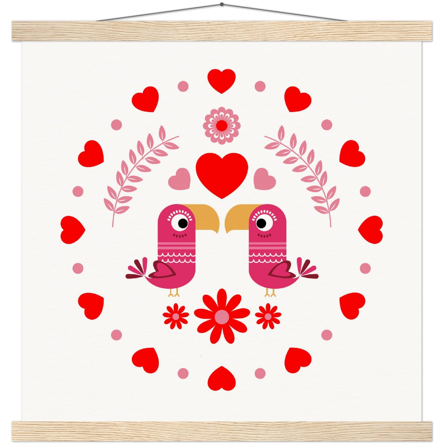 Museum-Quality Matte Paper Poster & Hanger - Birds Mirrored with Floral-Botanical and Circling Hearts - Valentine