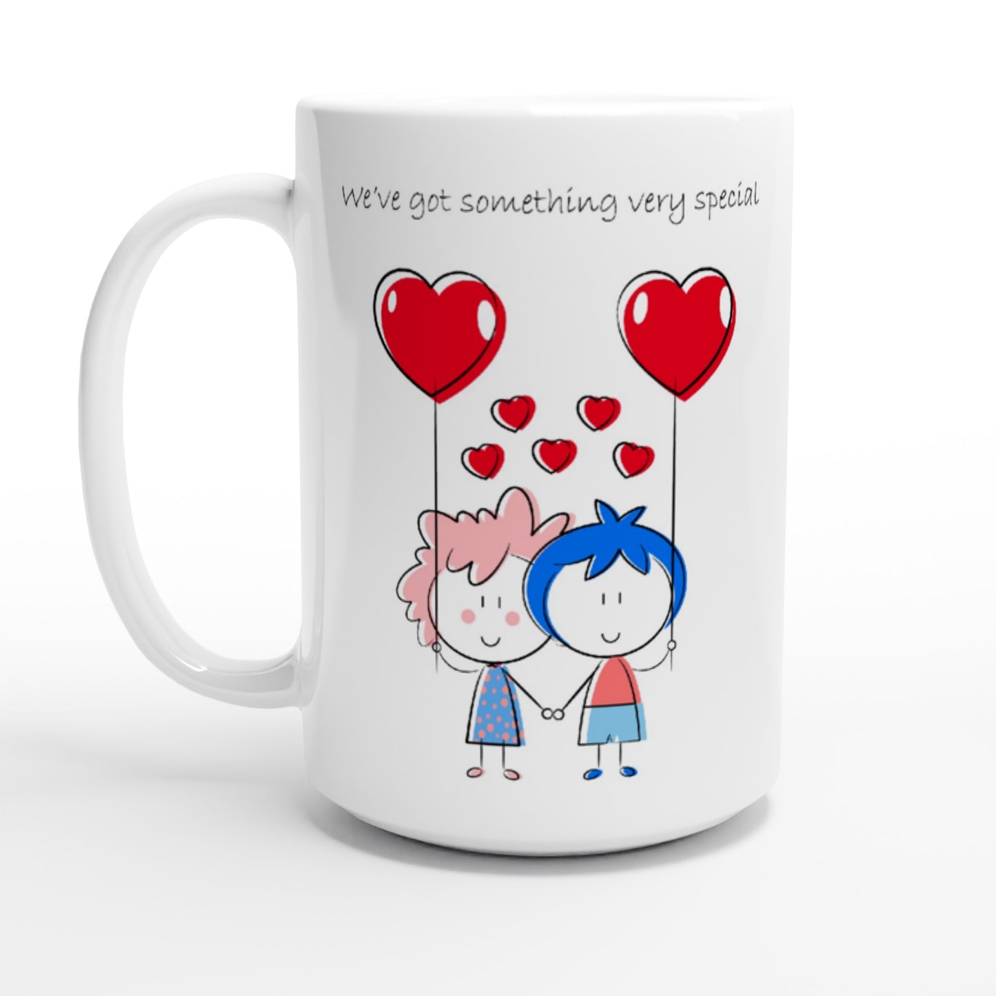 White 15oz Ceramic Mug - Couple Holding Heart Shaped Balloons - Valentine